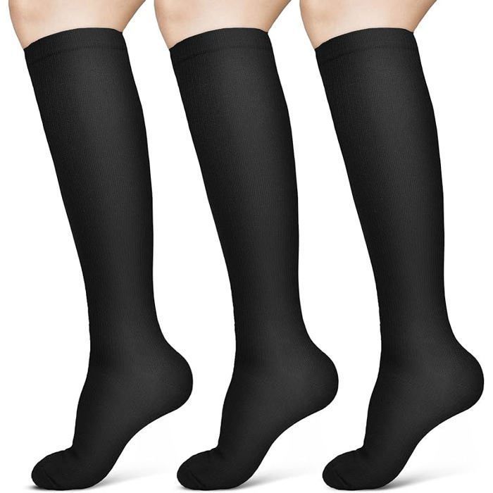 Chaussettes de Compression 3 Paires 15-20 mmHg Bas de Contention pour Femmes et Hommes Chaussettes de Compression Noir S/M