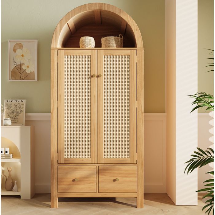 Armoire de chambre – aspect chêne – cannage rotin 2 portes 2 tiroirs niche demi-ronde – 78 x 45 x 181 cm