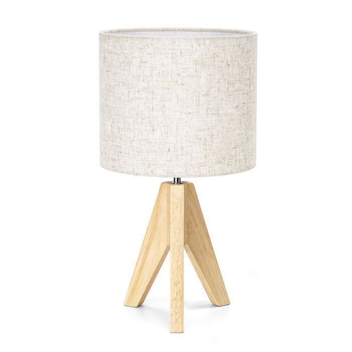 Lampe à Poser Bois et Lin Beige Ampoule LED E27 Incluse，Trépied Vintage LAMPE A POSER