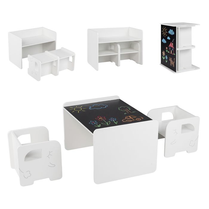 Ensemble 1 Table et 2 Chaises COSTWAY pour Enfants Tableau Noir et Rangements MDF 3 Ans+ Modulaire Montessori Blanc