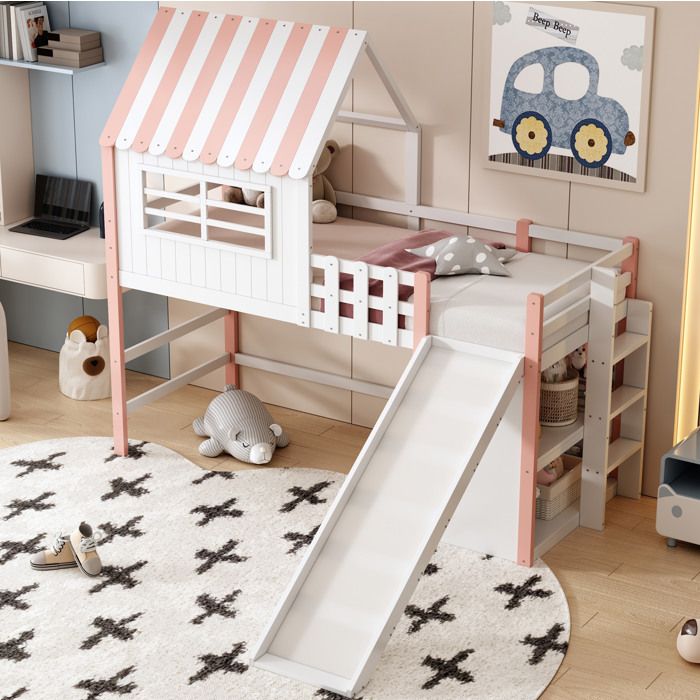 Lit cabane 90x200 cm - Lit enfant - Toboggan et Échelle - Rangements et Sommier - Bois - Rose (Sans Matelas)