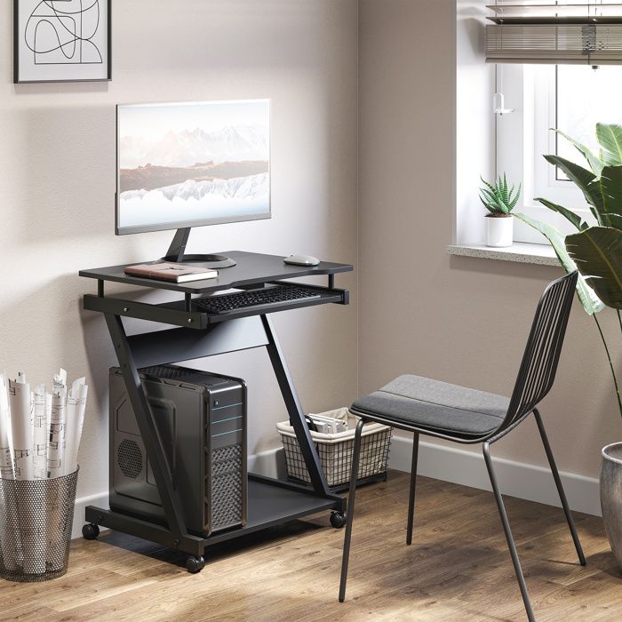 Bureau gain de place 60 x 48 x 73 cm noir avec plateau clavier coulissant 4 roulettes et étagère inférieure