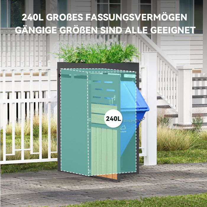 WOVREO Armoire d’extérieur 66 x 80 x 128 cm avec bac à plantes intégré cache-poubelle verrouillable gris