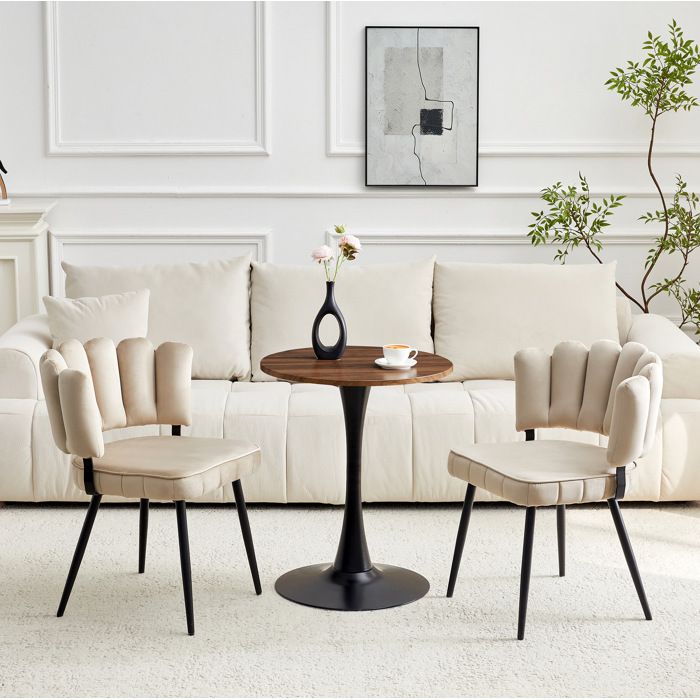 Ensemble table ronde 60 cm et 2 chaises 2 places en MDF noyer et métal noir dossier pétale effet velours café clair