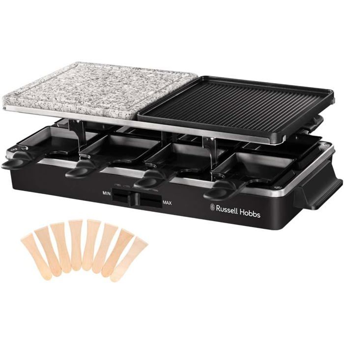 Raclette 3-en-1 1400W gril réversible pierre de cuisson 8 poêlons antiadhésifs 8 personnes