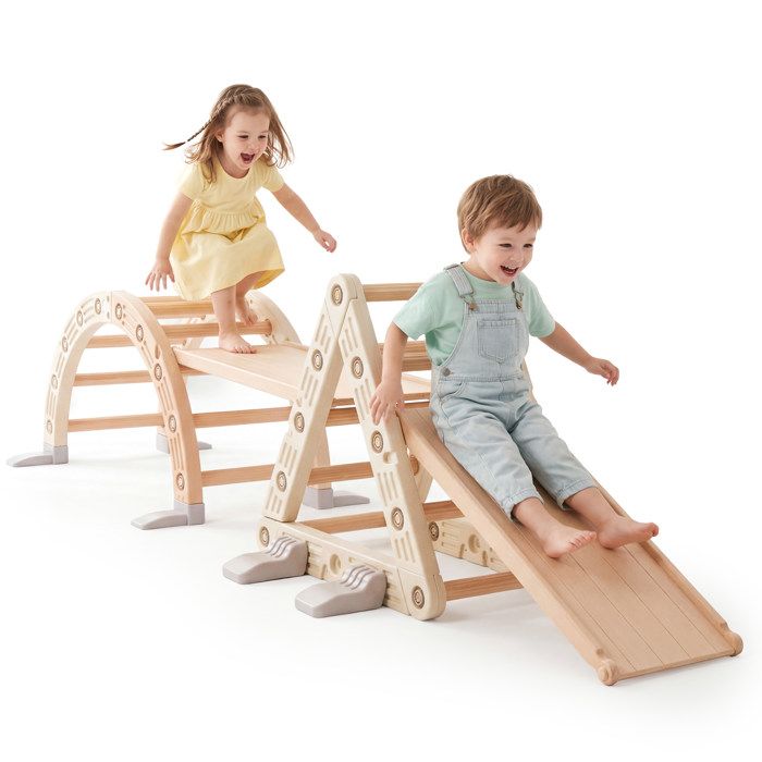 Aire de jeux évolutive - HYPERMOTION - Aire de Jeux Évolutive 3-en-1 - 3-en-1 Toboggan/Grimpe/Bascule - PEHD - Beige-Gris
