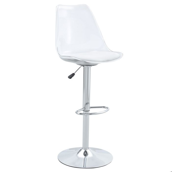ELVORIN Tabouret de bar lot de 2 hauteur réglable 60 à 80 cm pivotant 360° dossier transparent assise PU pied métal argenté