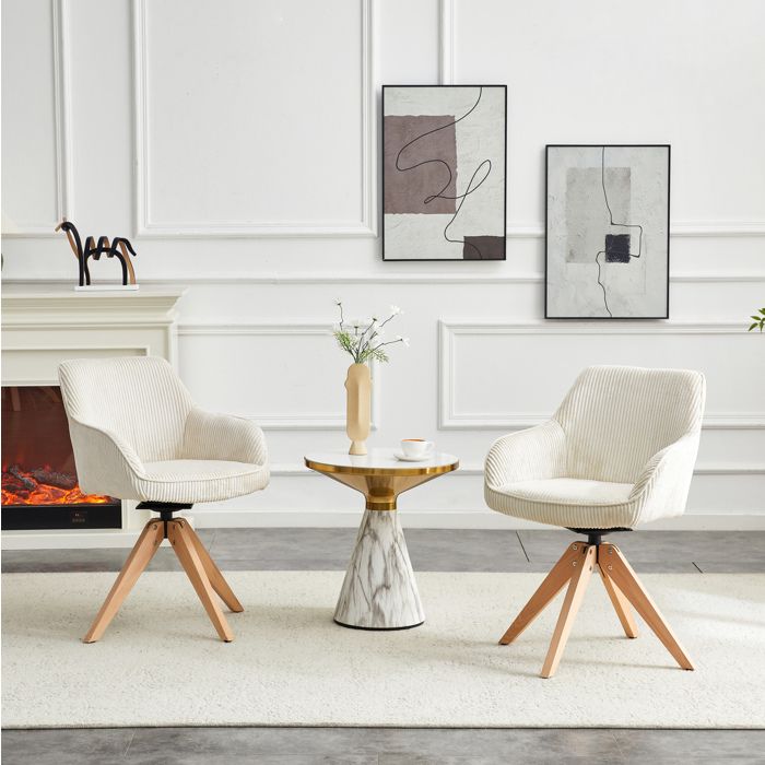 Lot de 2 chaises pivotantes 360° avec accoudoirs tissu velours creme blanc pieds en bois massif