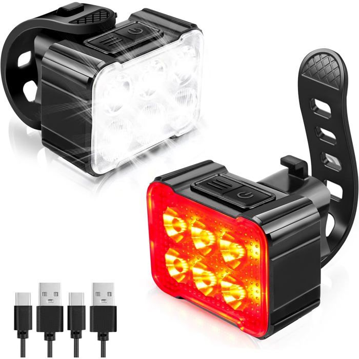 Éclairage Vélo LED USB Rechargeable IPX6 Étanche - Lampe Avant et Arrière Ultra Slim Feu Puissant VTT VTC Nuit