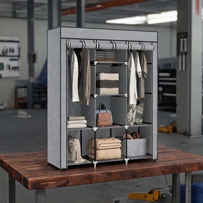 Armoire penderie 8 étagères et 2 barres - Structure acier et housse non tissée gris clair - 125 x 43 x 162 5 cm