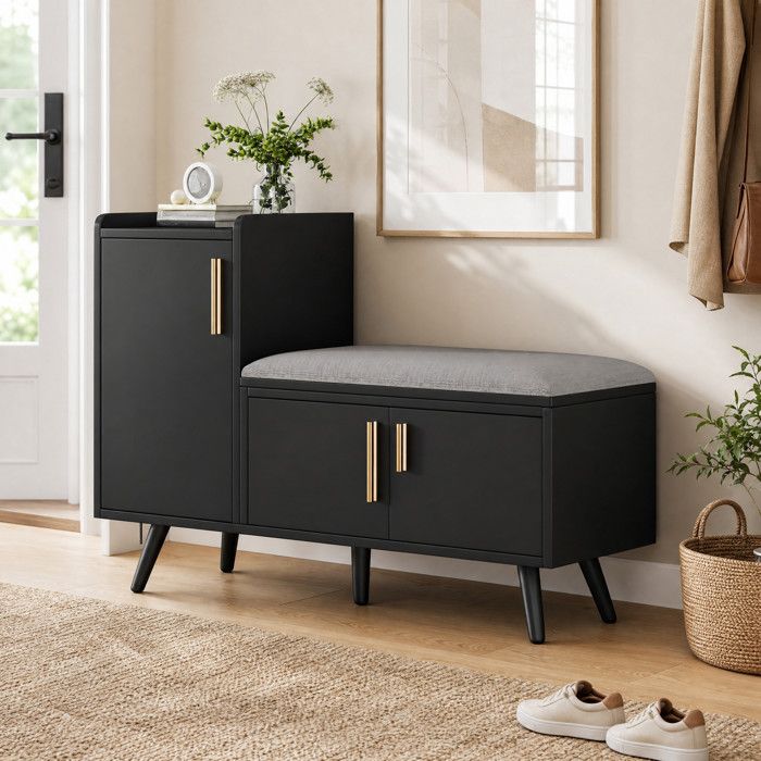 ELVORIN Banc à chaussures avec rangement 100 x 34 x 68 5 cm noir 3 portes assise rembourrée étagères réglables