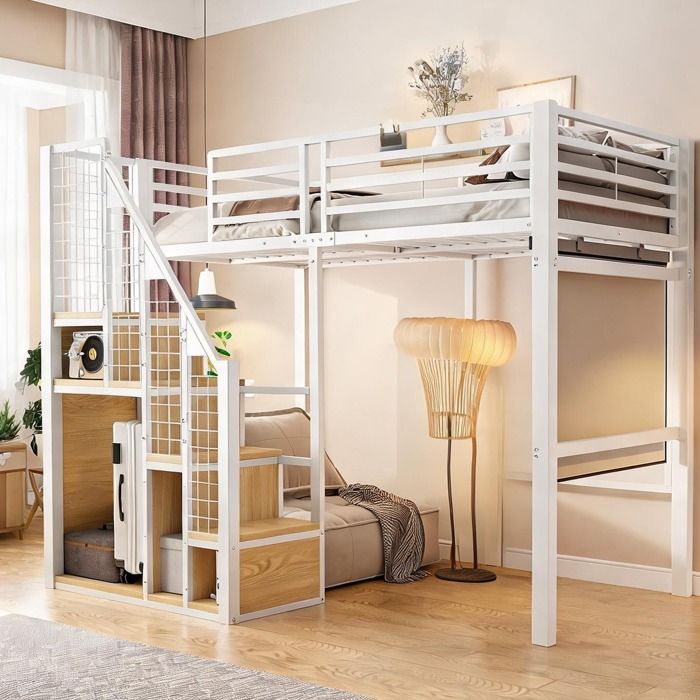 Structure de lit mezzanine ado blanc métal 90x200 cm avec échelle et rangement