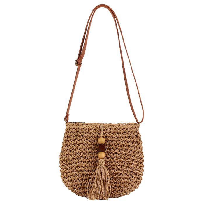 Sac à Bandoulière en Paille Boho pour Femme Panier Tissé Creux avec Glands pour Plage Voyage Aucunely