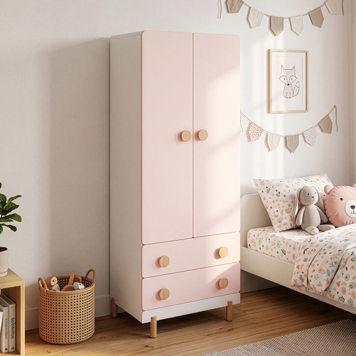 Armoire enfant Vaarentaa 2 portes 2 tiroirs 156 x 60 x 41 cm blanc rose