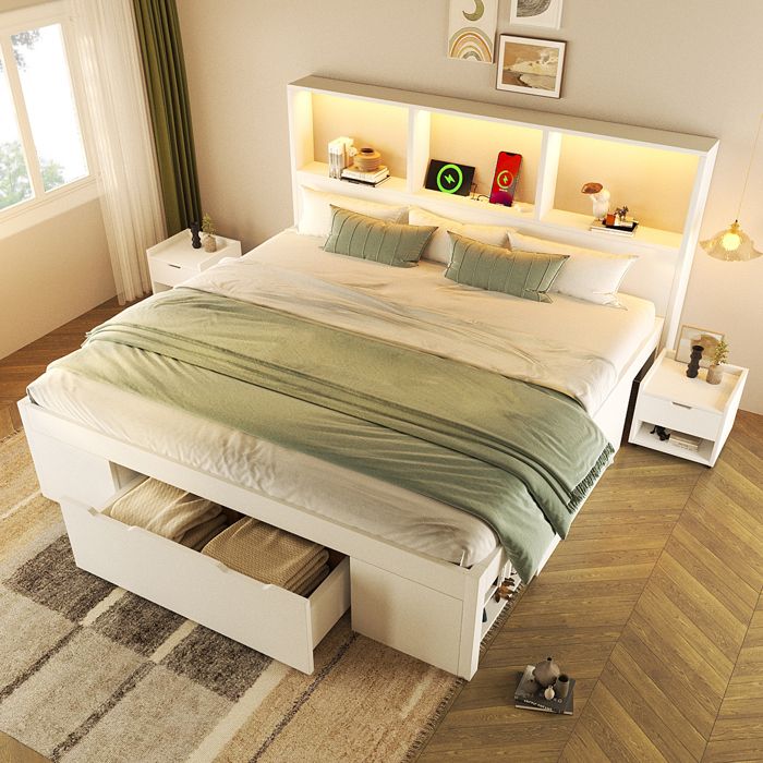 Lit 140x200 Blanc avec 2 Chevets Mobiles LED USB/Type-C Tiroir et Rangements sans Matelas
