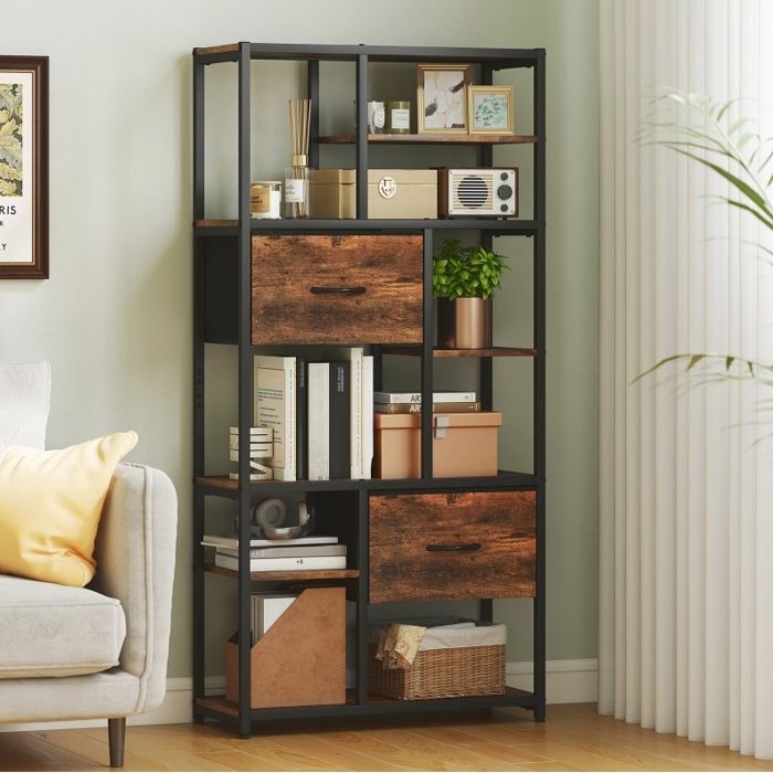 Étagère de rangement avec 2 tiroirs en tissu 9 compartiments ouverts cadre en acier 725x30x150 cm VEVXYN