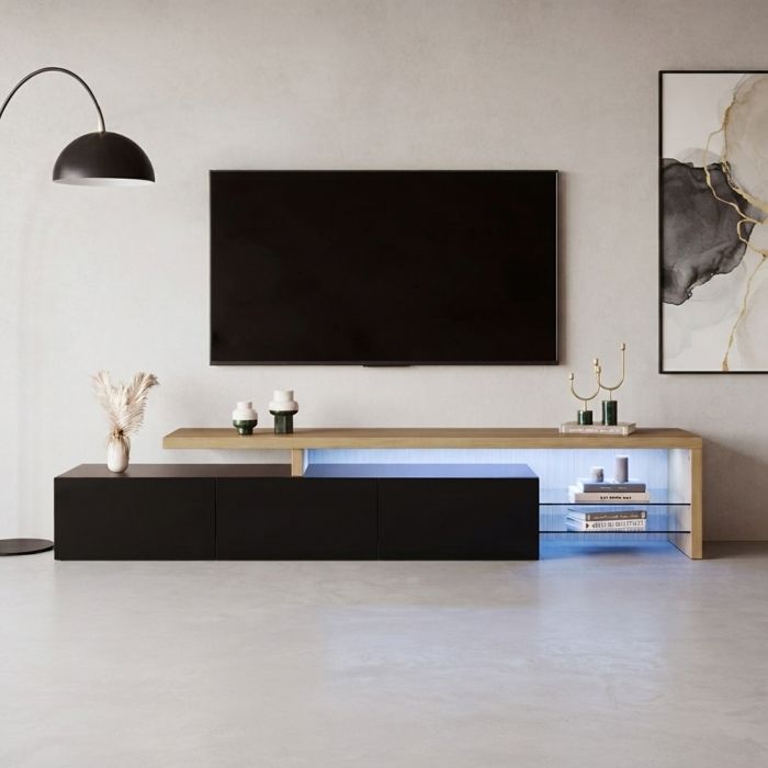 Meuble TV bas à LED Anajqaqia meuble TV noir de style moderne meuble bas de salon à 3 portes dimensions : 200 x 42 x 39 cm