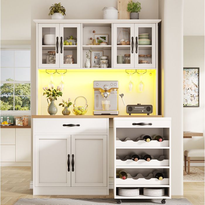 Buffet de cuisine à roulettes 140 x 38 x 180 cm en MDF blanc avec porte vitrée LED range-bouteilles et rangements