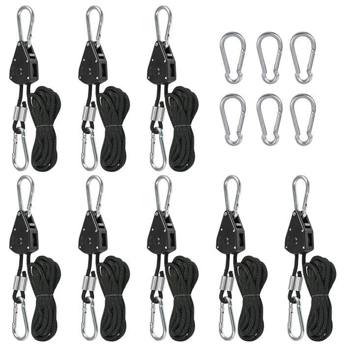 Corde à cliquet lot de 8 - poulie avec crochet 150 livres 68 kg - sangle nylon et métal 2 m avec mousqueton