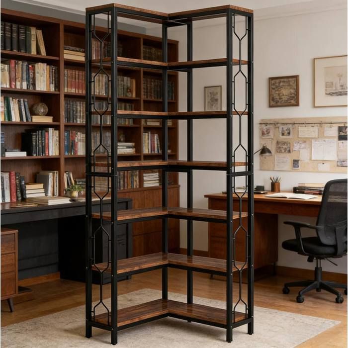 Bibliothèque d’angle noire et marron 200 x 60 x 60 cm 7 niveaux étagère ouverte cadre métal noir