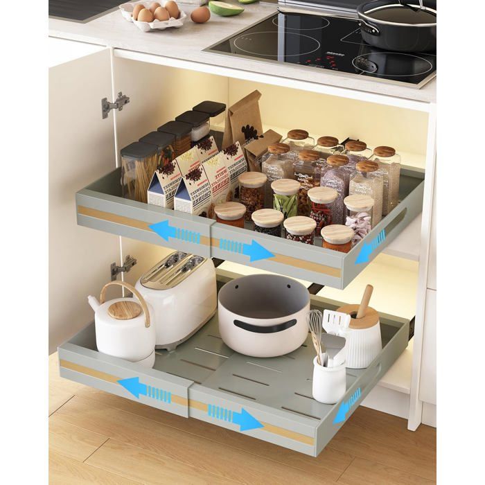 Lot de 2 tiroirs rangement coulissants cuisine adhésifs extensibles 30 5 à 51 5 cm profondeur 42 cm hauteur 7 5 cm acier carbone