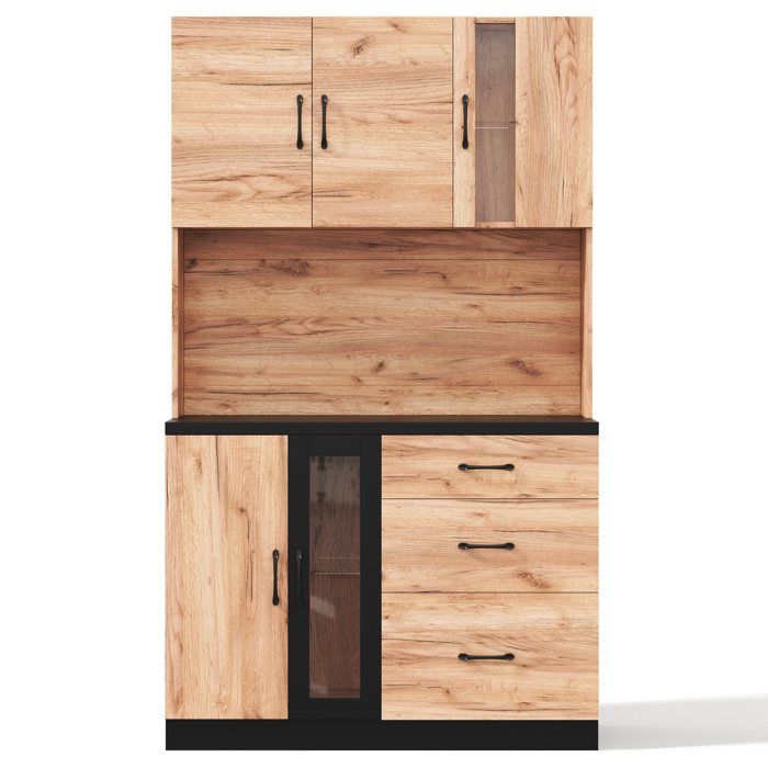Meuble colonne de cuisine – MDF décor bois et noir – 3 tiroirs LED et prises USB – 105 x 40 x 180 cm