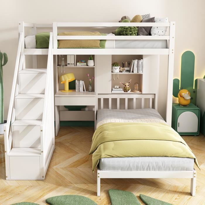 lit superposé, lit enfant multifonctionnel, avec bureau et étagère, rangements, blanc 90*200, sans matelas