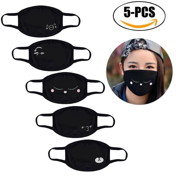 Masque Anti-Poussière Visage Bouche Noir Adulte Réutilisable - Lot de 6