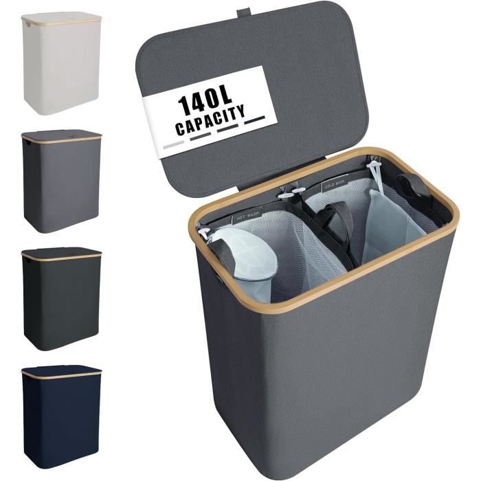 Lifewit Grand Panier a Linge 3 Compartiments en Bambou, Corbeille a