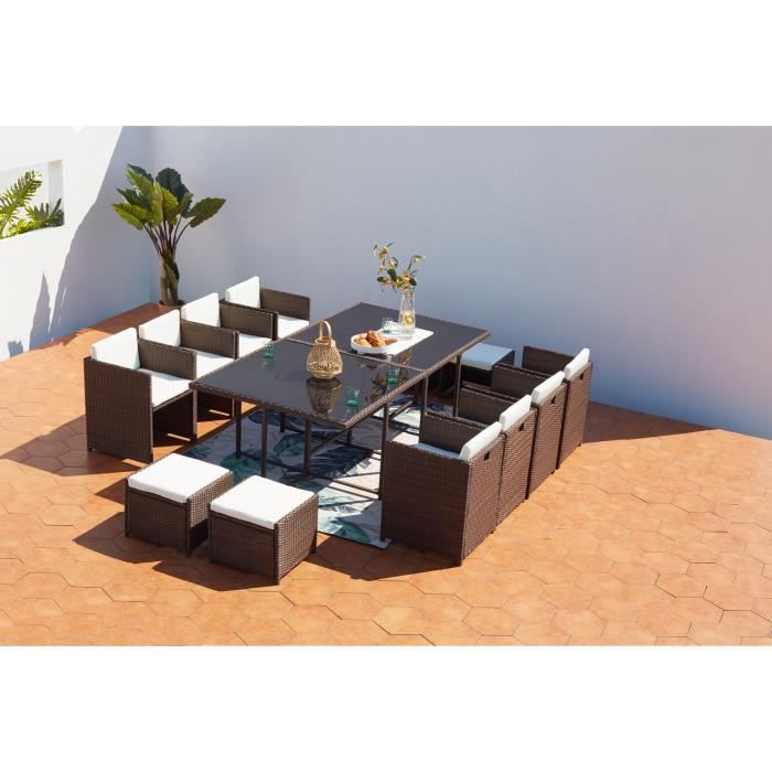 salon de jardin encastrable - 12 personnes - miami - concept usine - résine tressé poly rotin - contemporain - marron/blanc