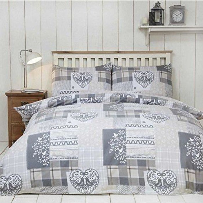 Housse de Couette et taie d’Oreiller Motif Patchwork Alpin Rouge/Multicolore Parure de lit Une Personne en Flanelle 100% Coton brossé 