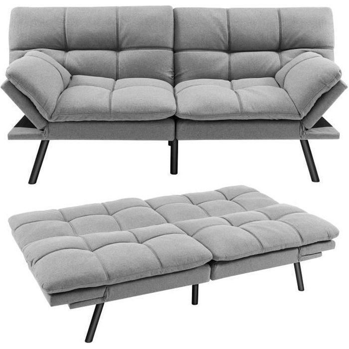 COSTWAY Canapé Convertible 3 Place Canapé-lit Futon Dossier et Accoudoirs Réglables - Surface de Couchage 182 x 106 5 CM Gris