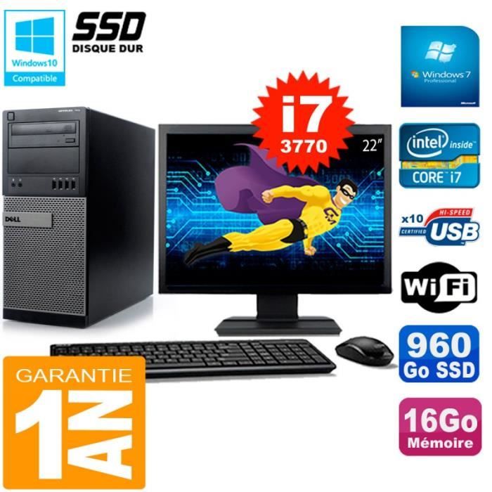 PC Tour DELL 7010 Ecran 22 Core I7-3770 RAM 16Go Disque 960 Go SSD Wifi W7