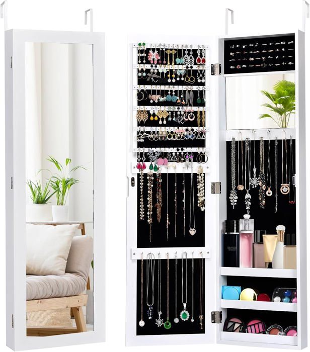 GOPLUS Armoire à Bijoux Mural avec Miroir et 3 Niveaux d’Étagère Armoire de Rangement Accrochée à la Porte avec Divers