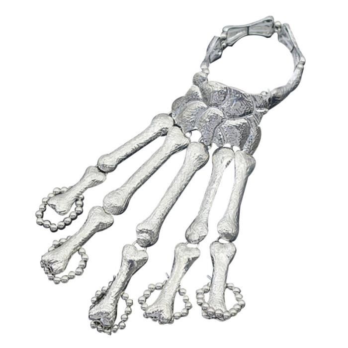 Bracelet Main Squelette Crâne Avec Anneau - Halloween Punk Métal Réglable Hommes Femmes