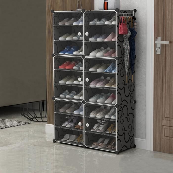 Ohlala Armoire à Chaussures Meuble de Rangement en Plastique - 18 Cubes - Noir - 84 x 32 x 139 cm