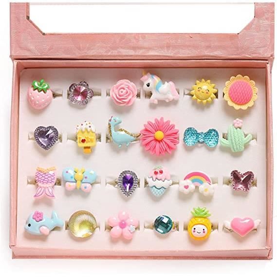 Lot De 10 Bagues Réglables Pour Enfants – Bijoux Princesse, Boîte Rose – JEYORZY