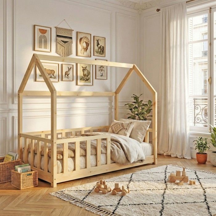 Lit cabane Kiwi 70x140 + 1 sommier + barrière /Bois clair Lit cabane Kiwi 70x140 + 1 sommier + barrière /Bois clair