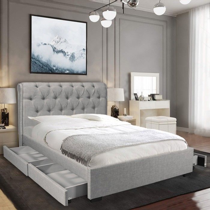 Lit CHELSEA 140x190 + 4 tiroirs + sommier / Gris clair Lit CHELSEA 140x190 + 4 tiroirs + sommier / Gris clair
