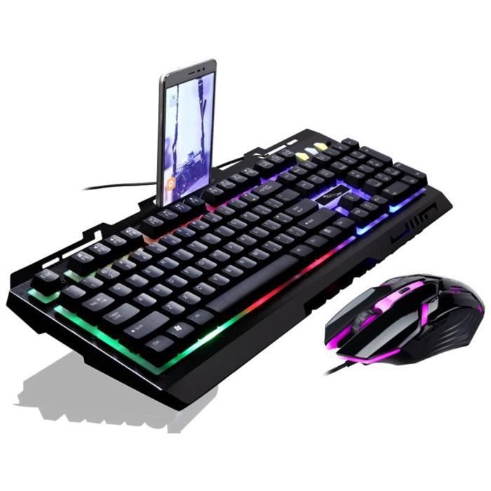 G700 Game Combinaison souris et clavier filaire USB lumineux avec lumières LED arc-en-ciel noir