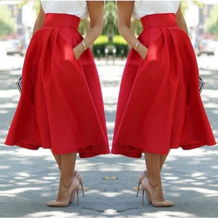 Les femmes jupe haute à taille décontractée plissée évasée A-Line mini jupe Rouge