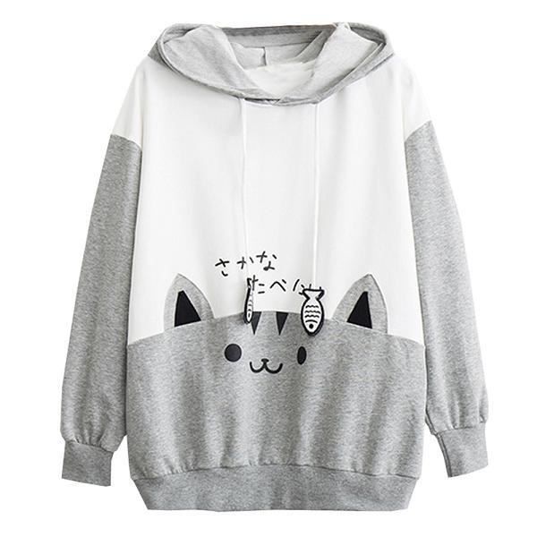 Sweat à capuche imprimé chat Kawaii pour femme, pull à manches