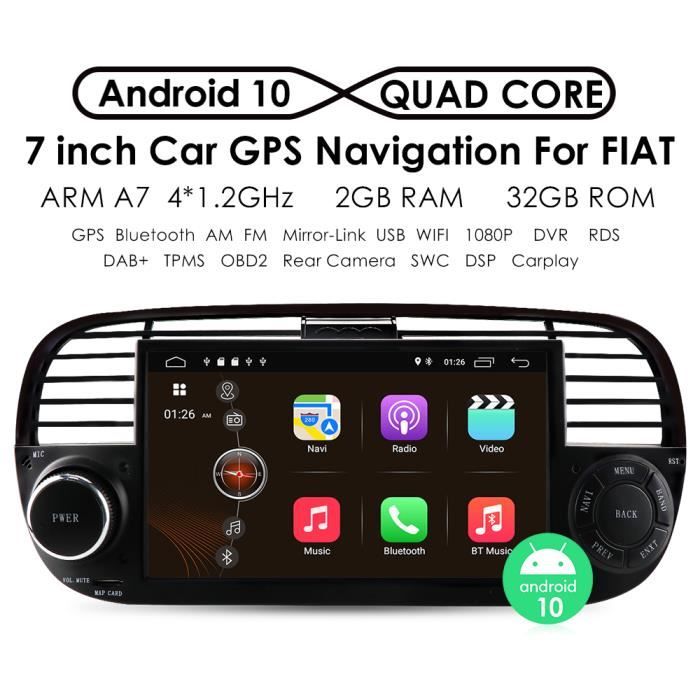 Lecteur multimédia Dvd de voiture Android 11 Quad Core pour FIAT 500 Radio multimédia GPS intégré NAVIGATION GPS de voiture