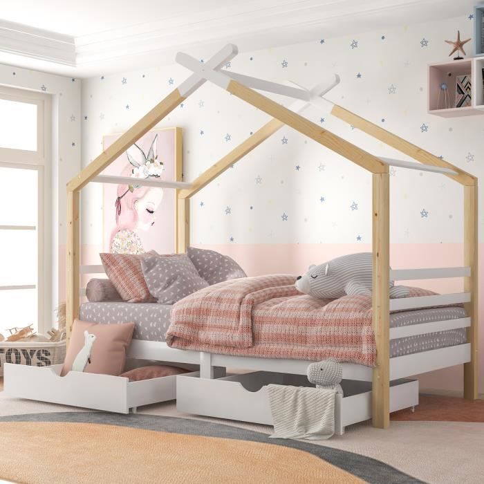 lit cabane enfants 90x200 - pergar - bois massif - blanc + coloris bois - avec tiroirs - industriel - loft