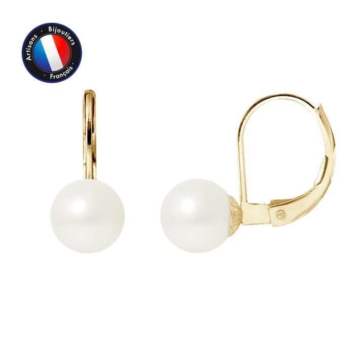 Boucles dOreilles - PERLINEA - Dormeuses - Perles de Culture 7-8 mm - Or Jaune - AAA+