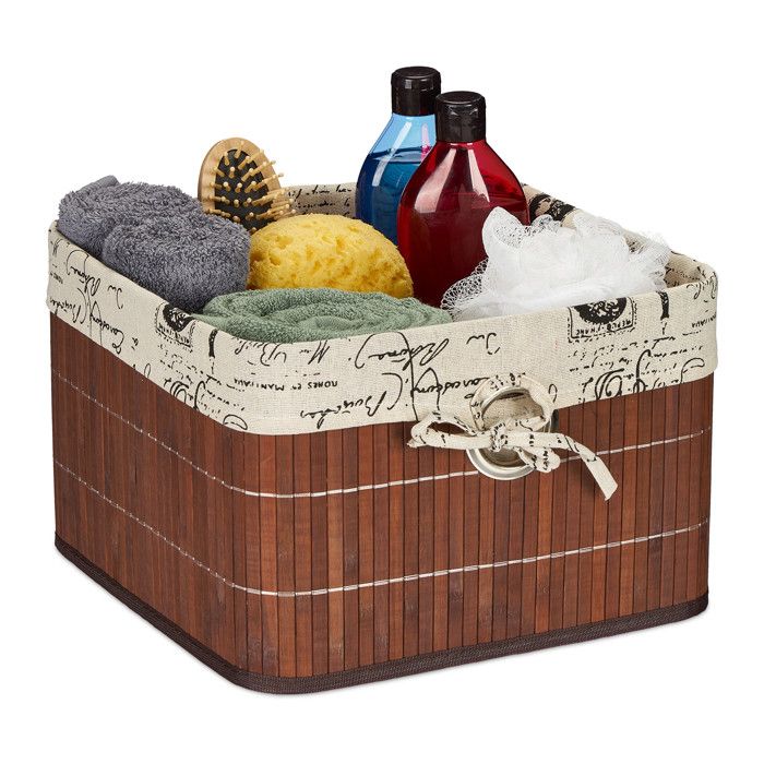 Relaxdays Panier de rangement bambou et polyester HLP&nbsp;: 20x31x31&nbsp;cm corbeille poignée boîte d’étagère marron-crème