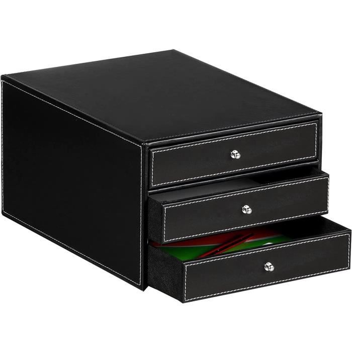 Organisateur Bureau En Bois Et Faux Cuir - 3 Tiroirs Pour Documents, Courrier - Range Plateau Lettre - Noir