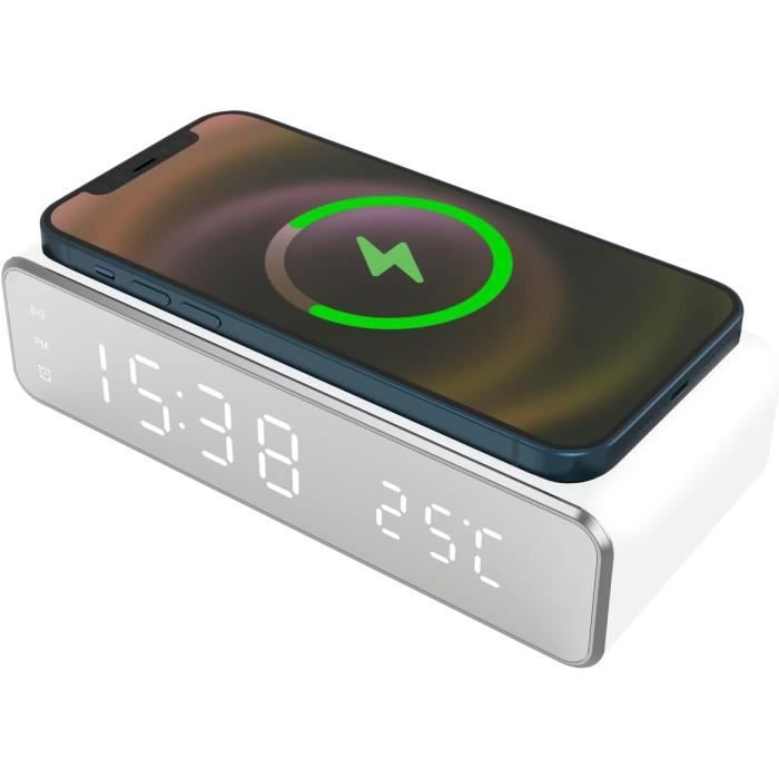 Radio-réveil LED Avec Chargeur Sans Fil 15W - Thermomètre Intégré - Luminosité Réglable - Fonction Veilleuse