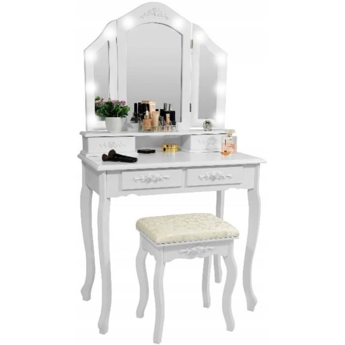 Coiffeuse en bois blanc avec miroir et tabouret éclairés par LED - 75x40x144 cm