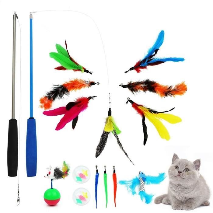 Comparer les prix de WOVTE 16Pcs Kit de Jouets pour Chats Chaton Plume Jouets Rétractable Chat Teaser Baguette avec baguette teaser